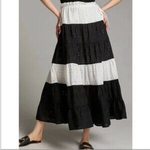 Hutch x Anthropologie Black White Tiered Maxi Skirt Eyelet Cotton Size Small